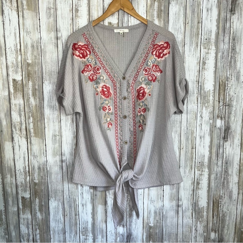 Andree Embroidered Tie Bottom Button Blouse